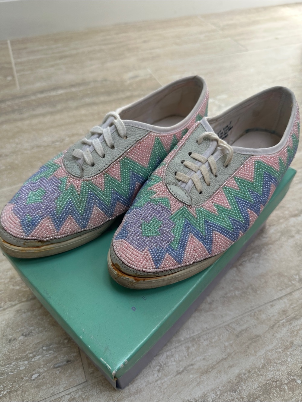 Pastel Beaded Zigzag Lace-Up Sneakers - White, Pink, Mint